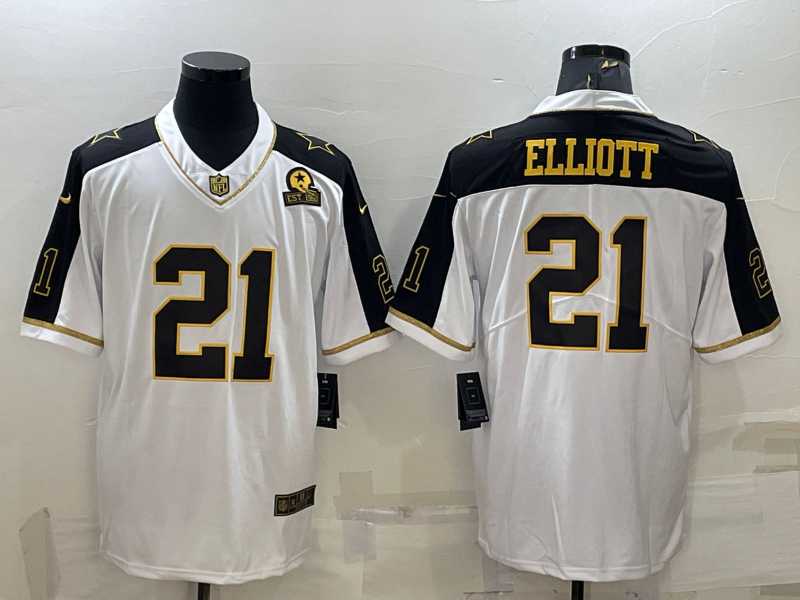 Men%27s Dallas Cowboys #21 Ezekiel Elliott White Gold Edition With 1960 Patch Limited Stitched Football Jersey